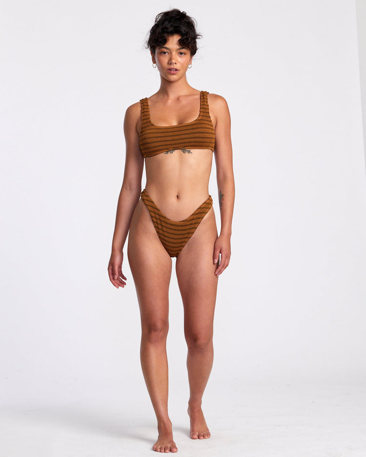 Grooves Stripe High Leg French Bikini Bottoms - Workwear Brown